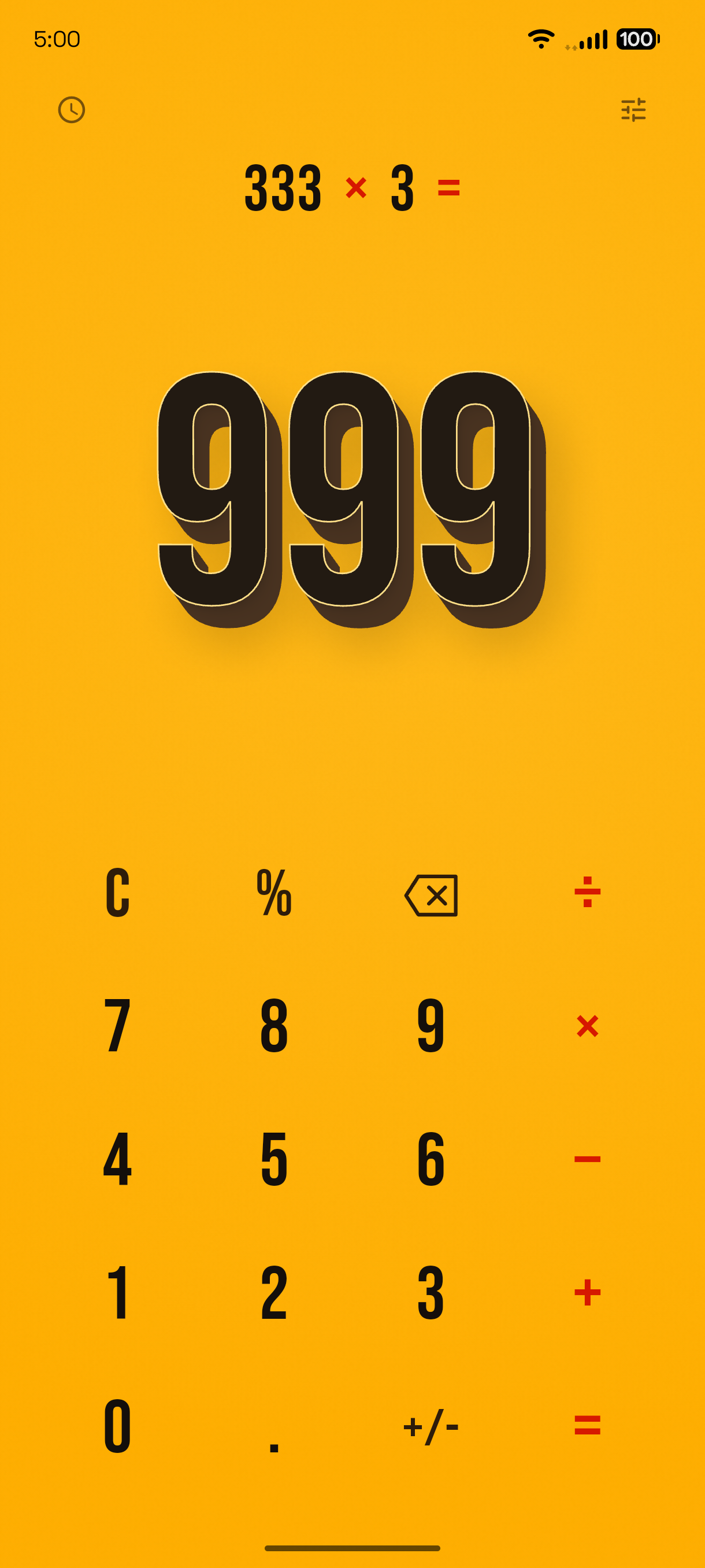 PopCalc showing 333 × 3 = 999 in large 3D numerals on the Marigold skin