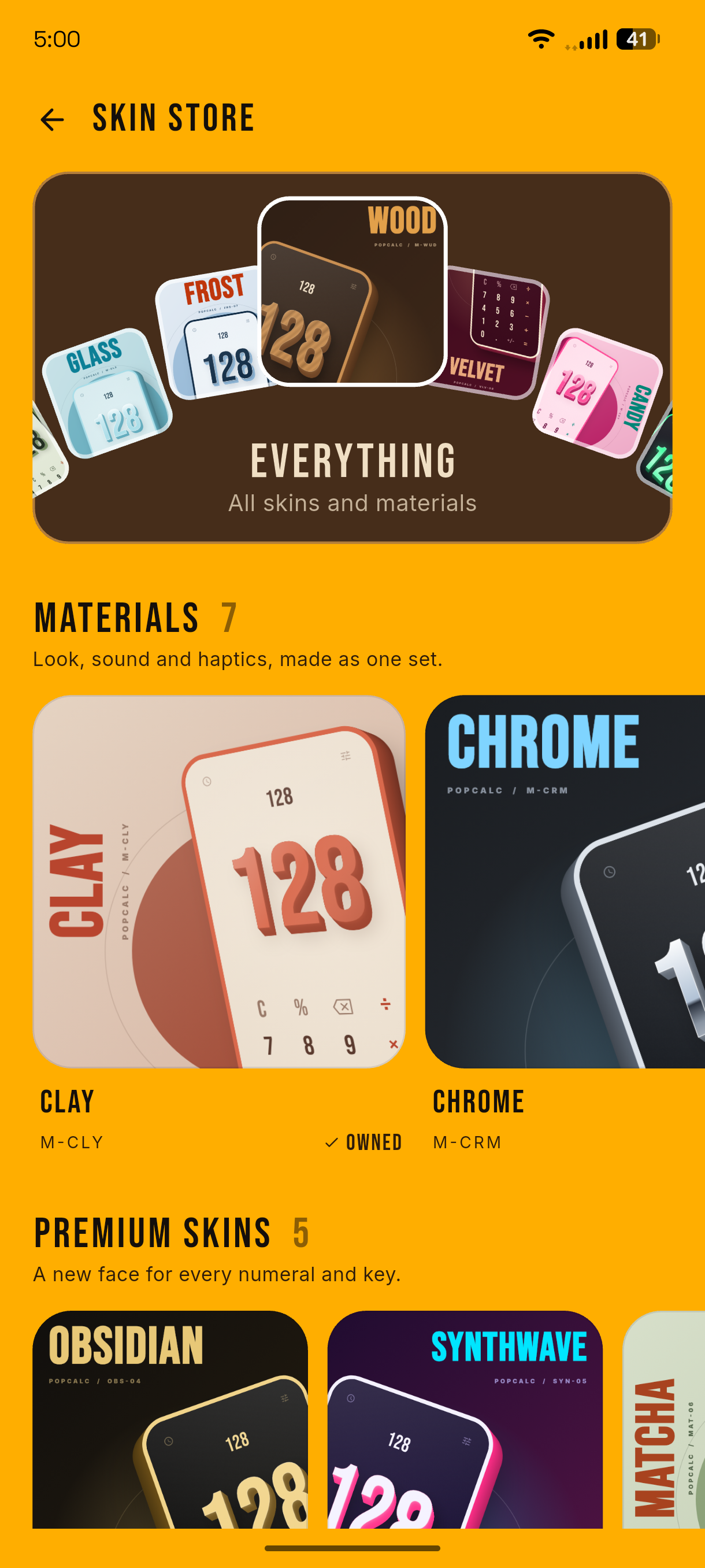 The PopCalc skin store showing Clay and Chrome materials